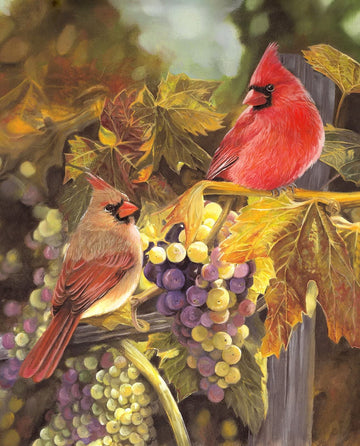 Harvest Time Cardinals with Grapes Cotton Fabric Panel