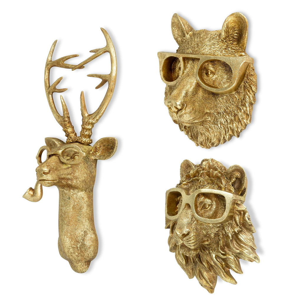 Gold 3pcs Animal Heads Wall Decor - Victorian-Style Lion Head, Bear Head, and Deer Head Wall Mount Decor, Adorned
