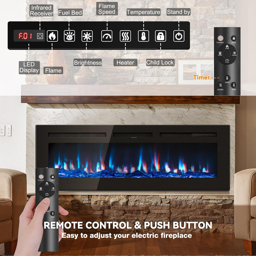 60 inch Electric Fireplace in-Wall Recessed 2026 Upgrade Wall Mounted Fireplace with Remote Control