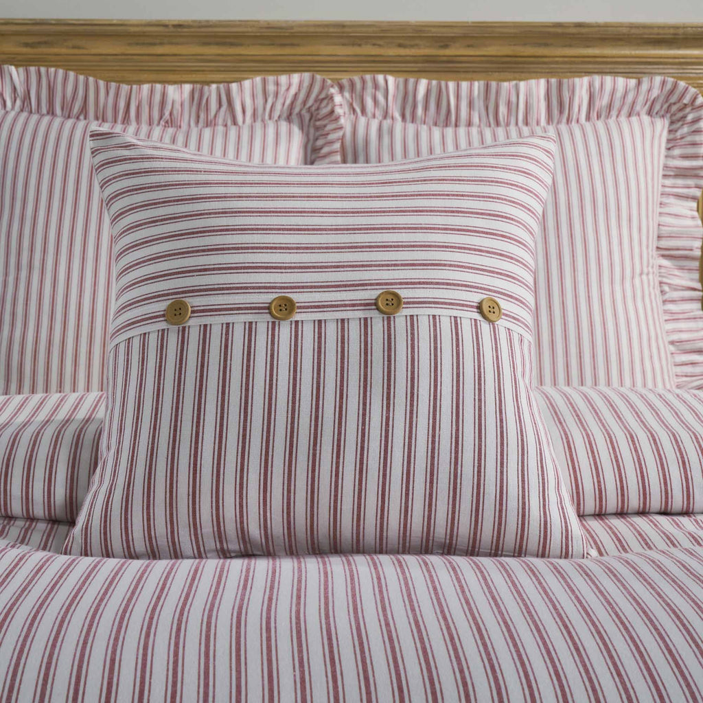 Timeless Ticking Red Throw Pillow Cover with Decorative Button Accents, Vintage Farmhouse Décor, Christmas or