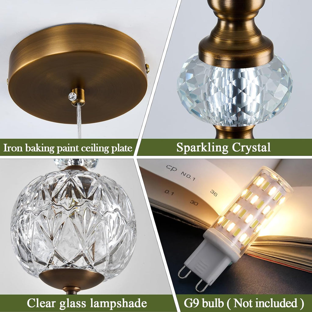 Vintage Glass Pendant Light Antique Brushed Gold Chandelier 4.72" Mini Adjustable Hanging Ceiling Light Fixture for