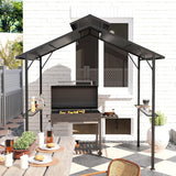 8' x 5' Hardtop Grill Gazebo, Outdoor BBQ Gazebo with Double Metal Roof, 2 Side Shelves and 10 Hooks