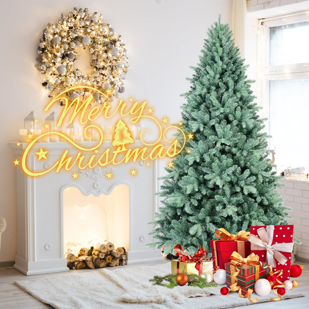 8FT Blue Spruce Artificial Christmas Tree, Premium Unlit Christmas Tree with 2458 PE/PVC Branch Tips, Memory Wire