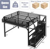 Queen Loft Bed Frame with Storage Stairs, Beside Shelf & Wardrobe, Metal Queen Loft Bed with LED Light & USB Ports
