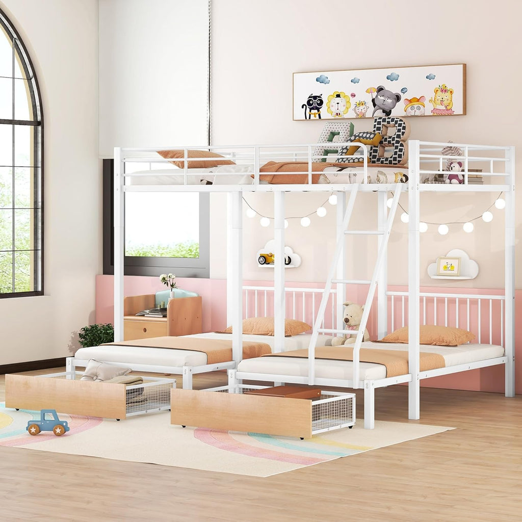 Heavy Duty Metal Triple Bunk Bed, Full Over Twin Over Twin Bunk Bed with Storage Drawers