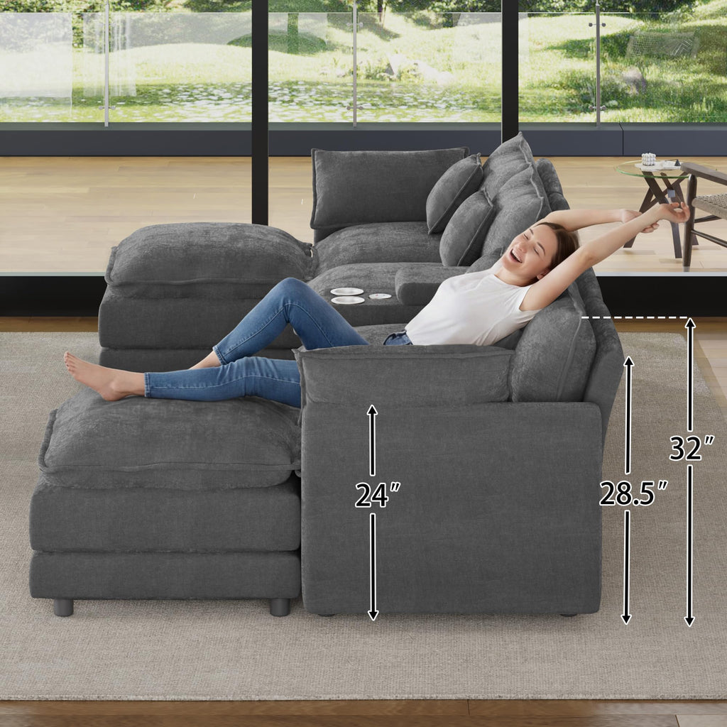 145" Oversized U-Shaped Cloud Sectional Sofa, Grey