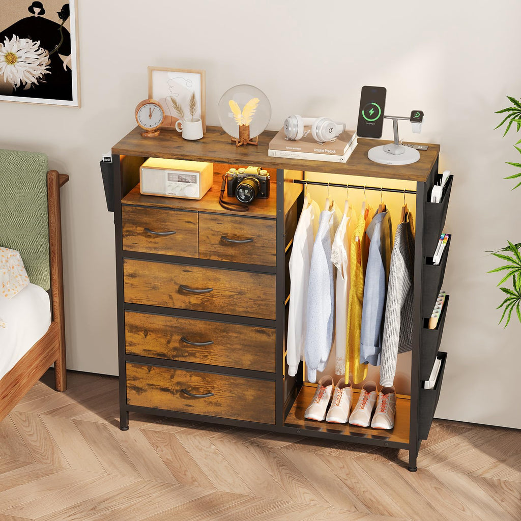Dresser with Clothes Rack, 5 Drawer Chest with Charging Station & LED