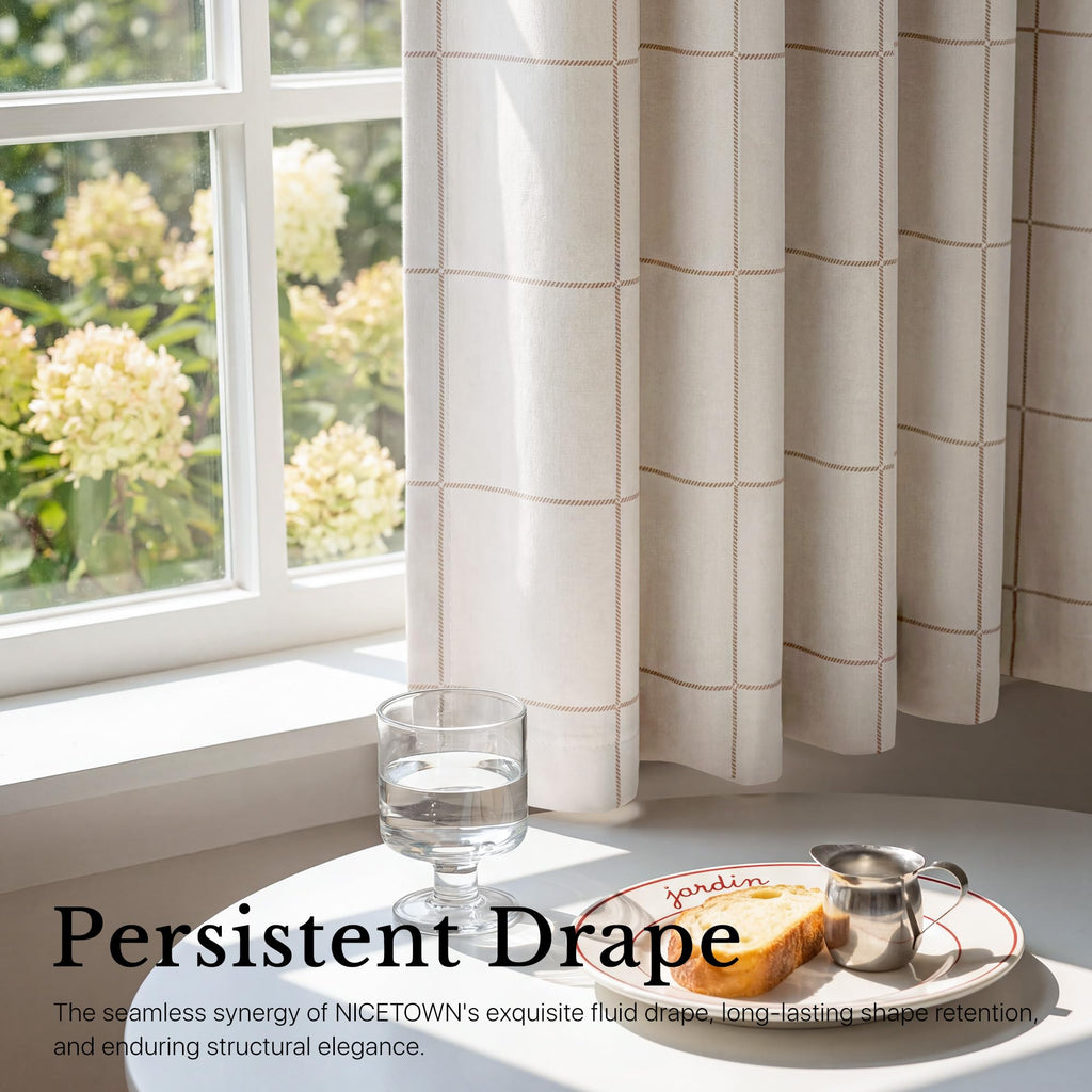 100% Blackout Taupe Plaid Kitchen Curtains, W52xL24, 2 Panels