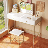 35.4" White and Gold Desk with 2 Drawers, Modern Makeup Vanity with Padded Stool