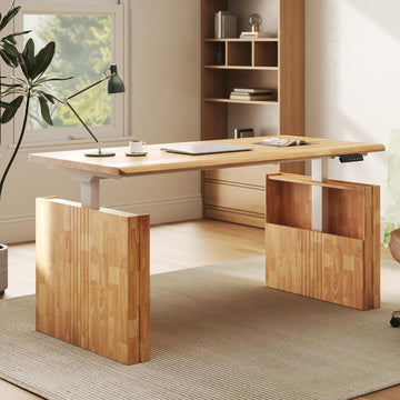 WoodiX Solid Wood Executive Standing Desk | 63 x 30 Inch Japandi-Inspired Sit-Stand Desk, Sculptural Fluted Legs