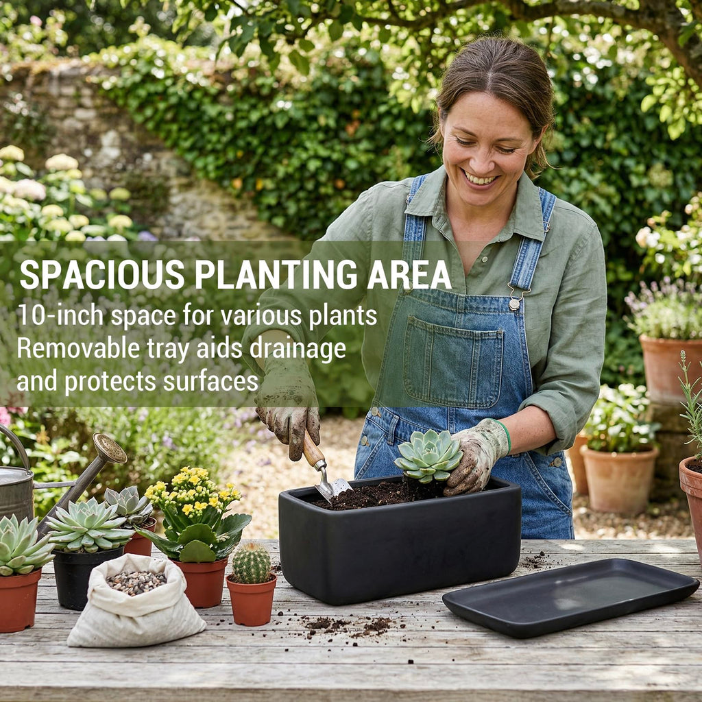10 Inch Matte Black Ceramic Succulent Planter with Tray