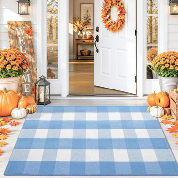 Light Blue and White Buffalo Plaid Rug, Front Doormat and Porch Decor