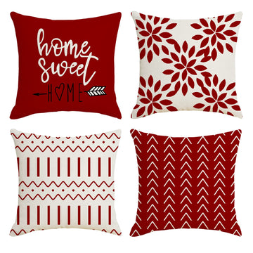 Christmas Red Linen Pillow Covers 20x20 Set of 4, Home Sweet Home Farmhouse Throw Pillow Covers, Holiday Decorative