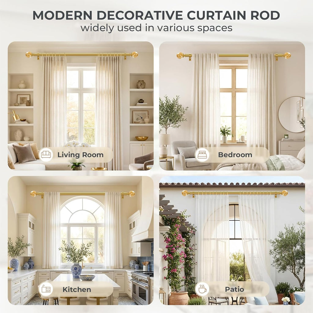 Gold Decorative Crystal Curtain Rods: Heavy Duty Adjustable Window Curtains Rods for Bedroom Living Room