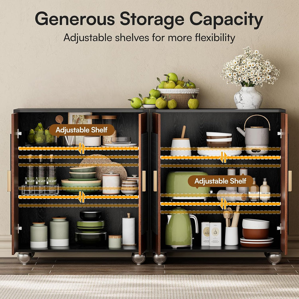 29" Fluted Modular Buffet Cabinet with Arched Doors & Gold Handles, Mid Century Modern Sideboard Credenza Storage