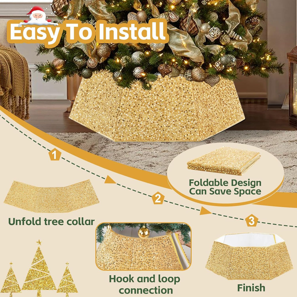 Gold Tree Collar for 9 ft Tree 31.49 Inch Shimmer Christmas Tree Ring Velvet Tree Skirt Cover for Xmas Pencil Tree