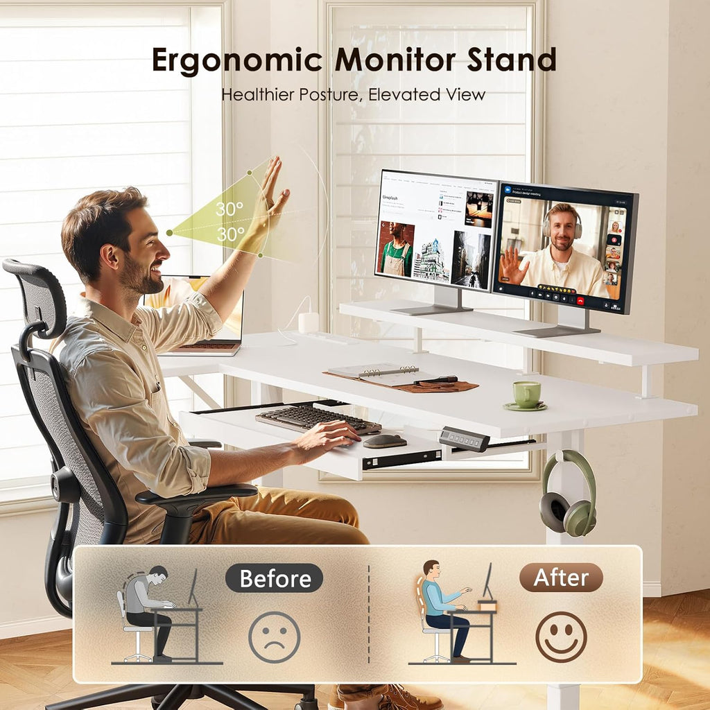63 Inch Reversible L Shaped Electric Standing Desk, White | Monitor Stand, Keyboard Tray, Power Outlets, 3 Memory
