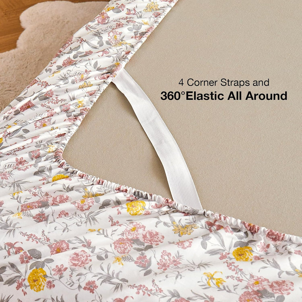 Floral Queen Sheet Set - 4 Piece Vintage Pink & Yellow Flower Patterned Bed Sheets - Soft, Breathable Microfiber