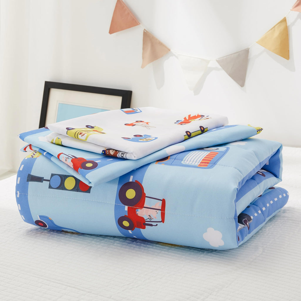 4-Piece Toddler Bedding Set, Includes 1 Flat Sheet, 1 Fitted Sheet, 1 Comforter and 1 Reversible Pillowcase, Standard