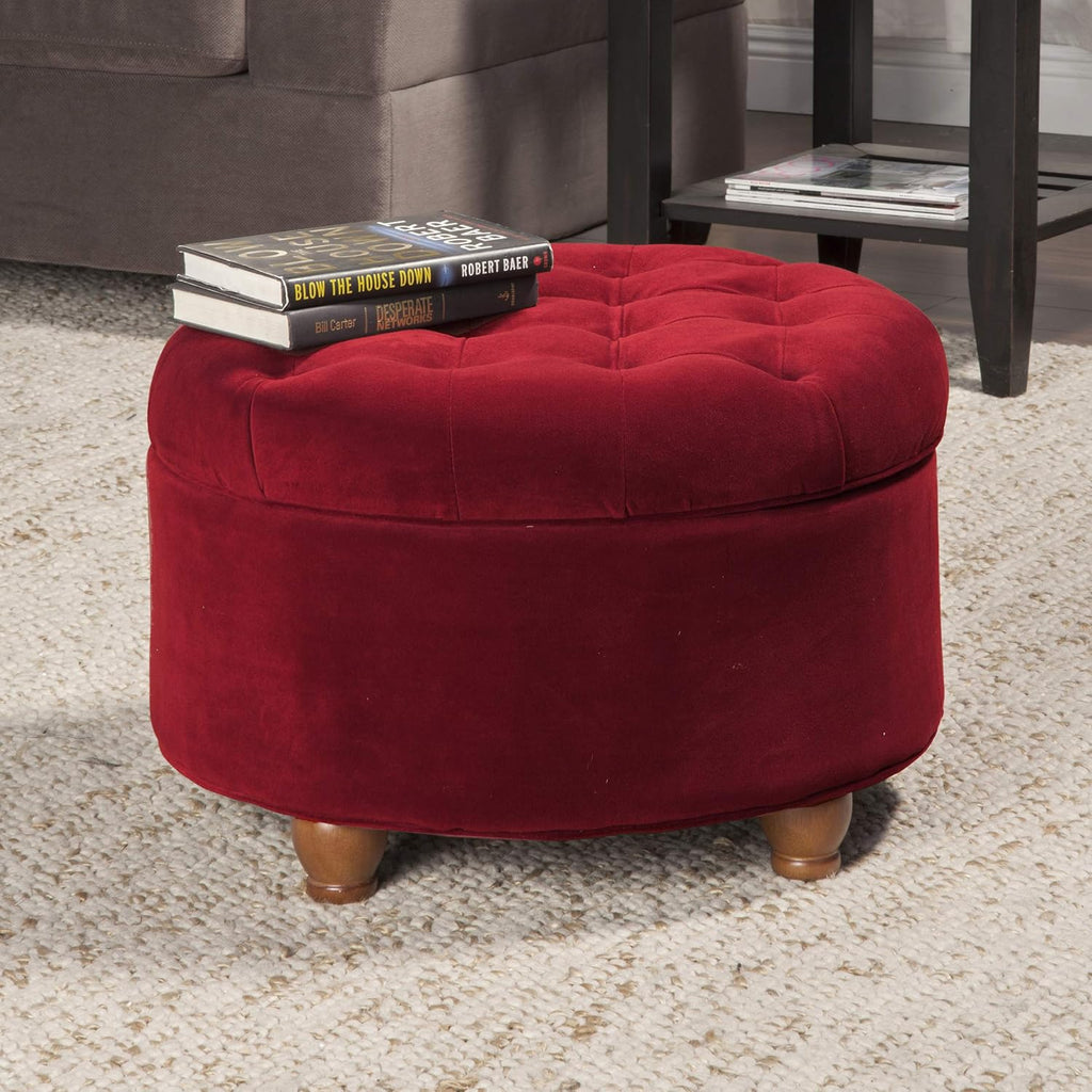 Home Decor |N8264-B119 | Large Button Tufted Velvet Round Storage Ottoman | Ottoman with Storage , Berry