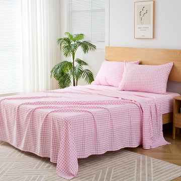 Pink Gingham Sheet Set, 4-Piece Soft Brushed Microfiber Bed Sheets - 16" Deep Pocket Fitted Sheet, Wrinkle &