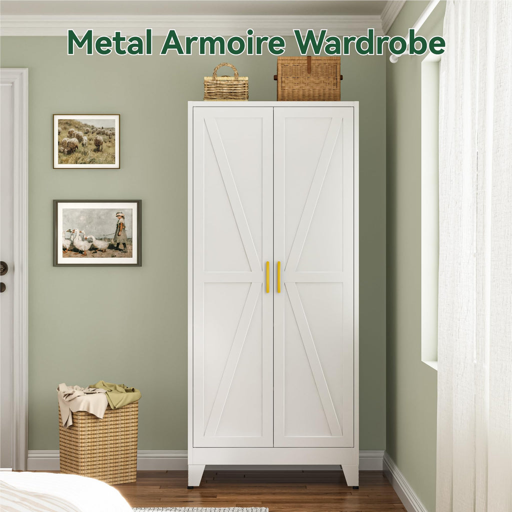 Metal Wardrobe Closet with Doors and Shelves, 71" Farmhouse Bedroom Armoire with Hanger Rod and Clothing Shelf, White