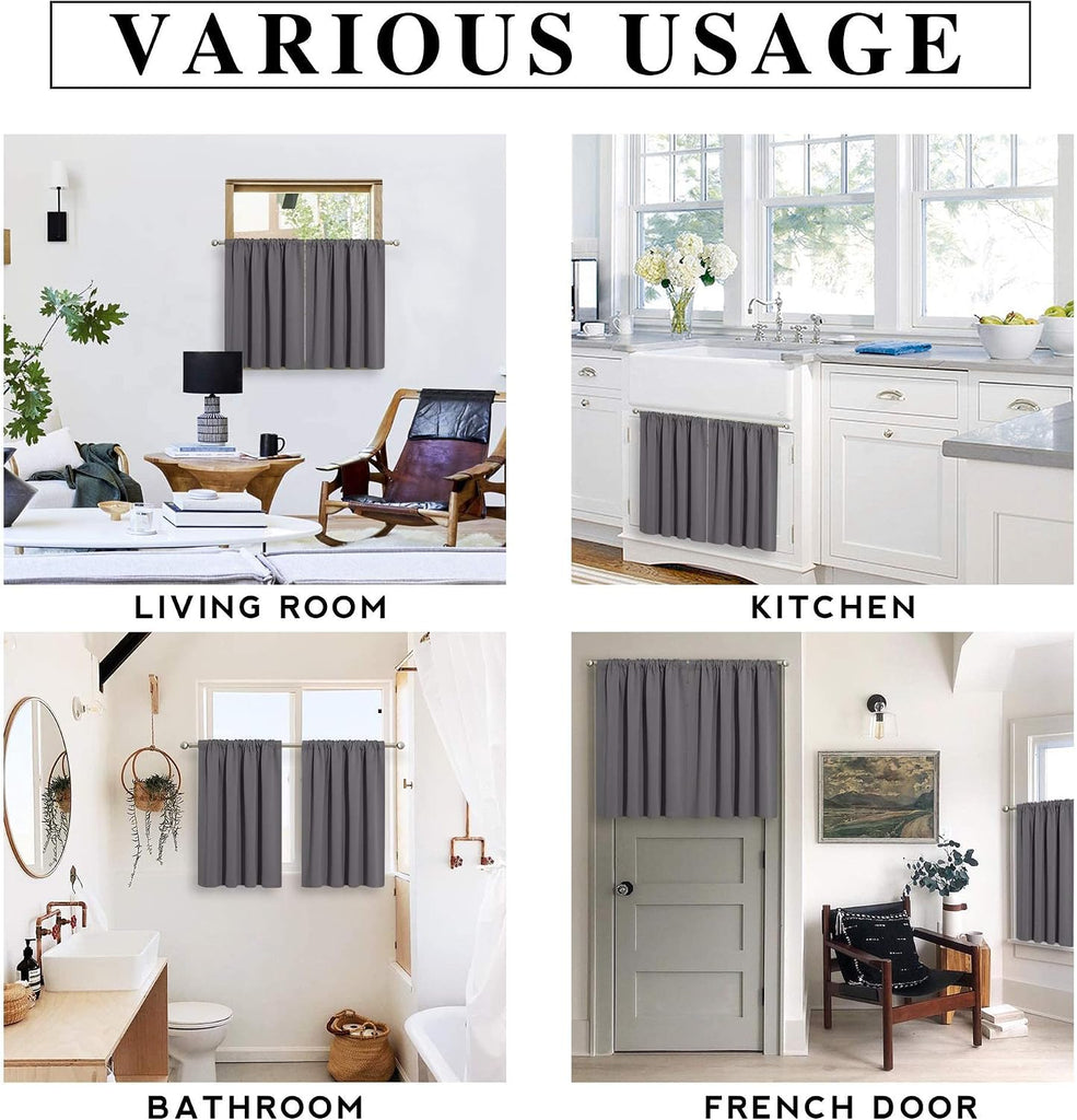 Short Grey Blackout Curtains for Small Bedroom Window, Insulating UV Blocking Drapes for Kitchen Cafe Basement Garage