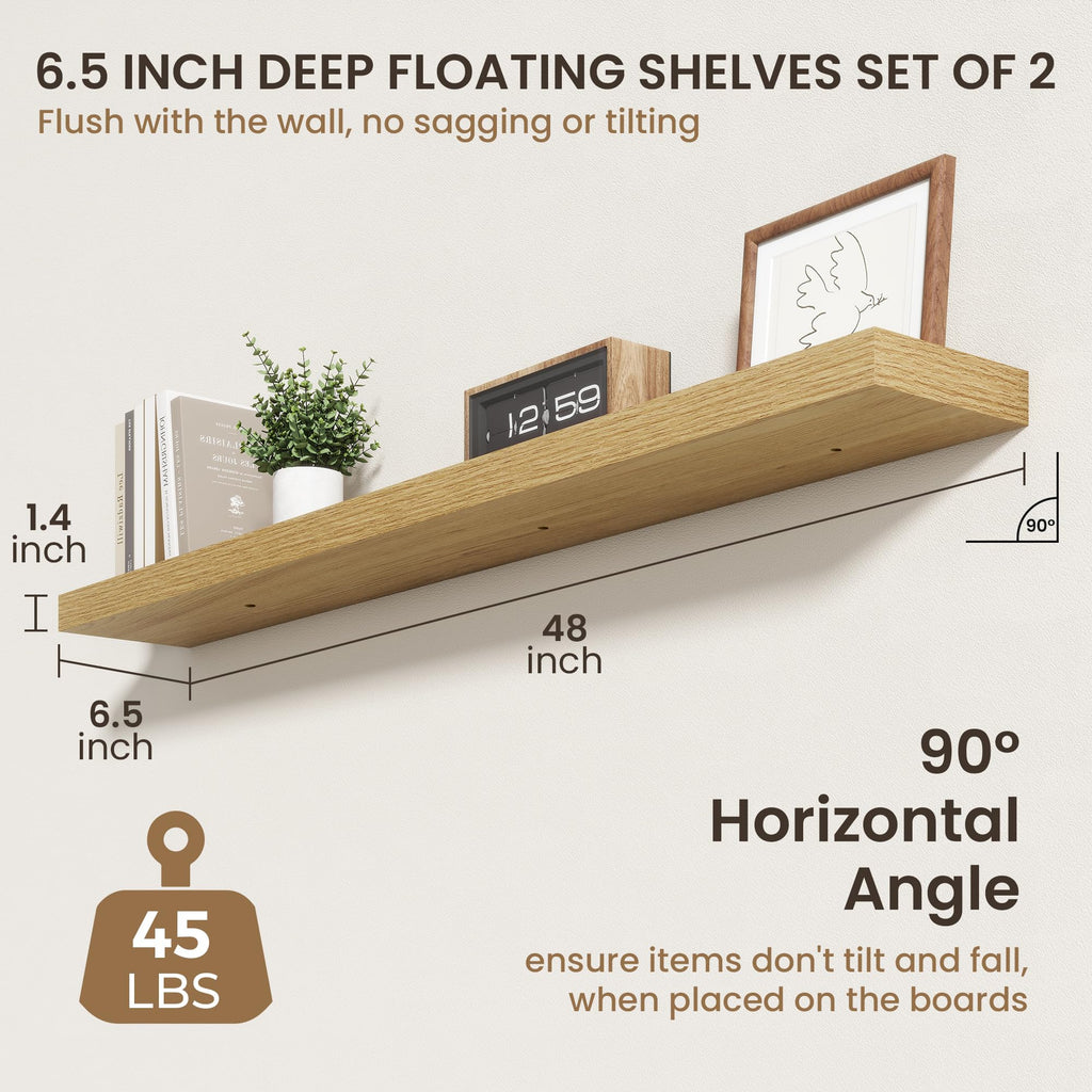 48 Inch Floating Shelves, 6.5 Inch Deep Oak Shelves Set of 2