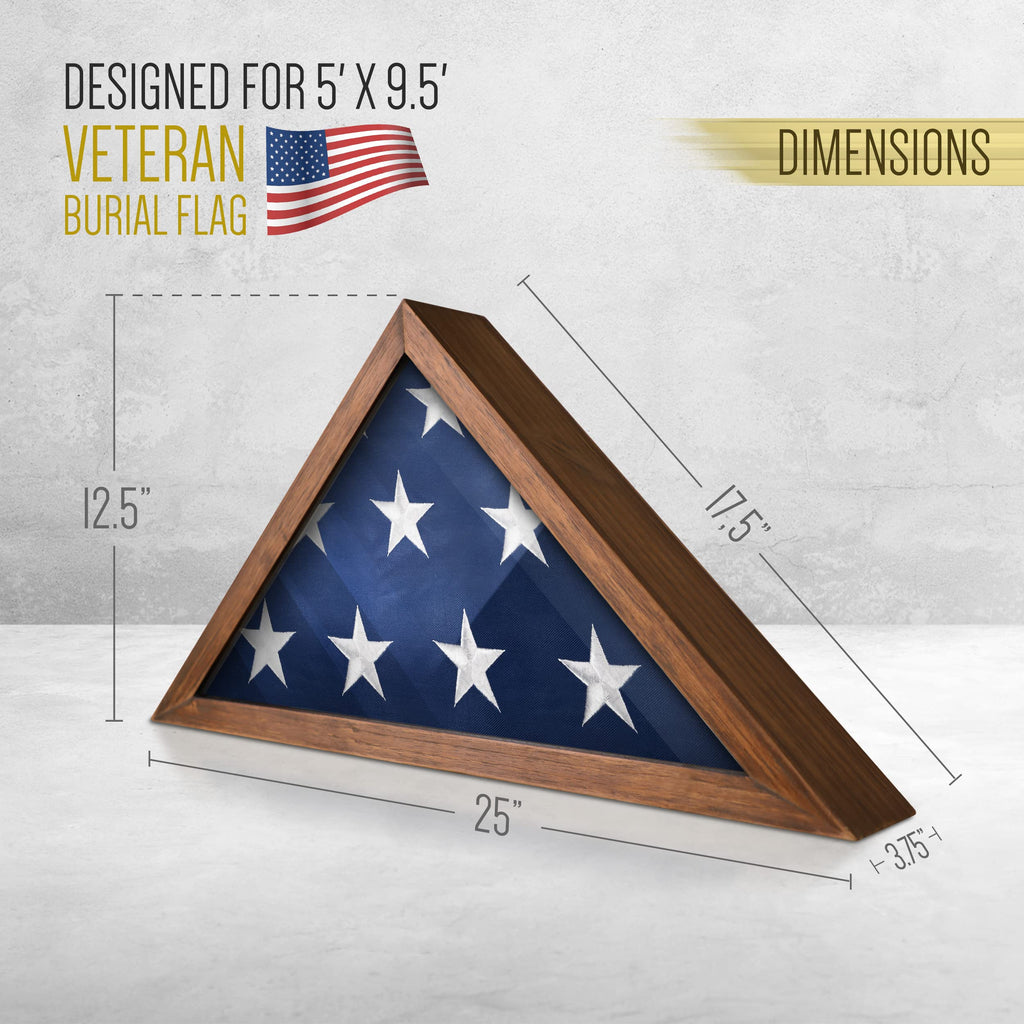 Flag Display Case for 5' x 9.5' American Veteran Burial Solid Wood Rustic Brown Frame with Glass Front Wall Mount or