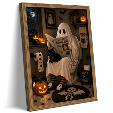 Funny Halloween Bathroom Wall Art, Ghost Black Cat Framed Canvas Print Poster, Cute Spooky Restroom Wall Decor