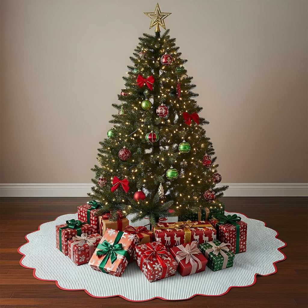Christmas Tree Skirt Cotton Floral Block Tree Skirt in Nature Color Xmas Party Seasonal Holiday Decoration Indoor