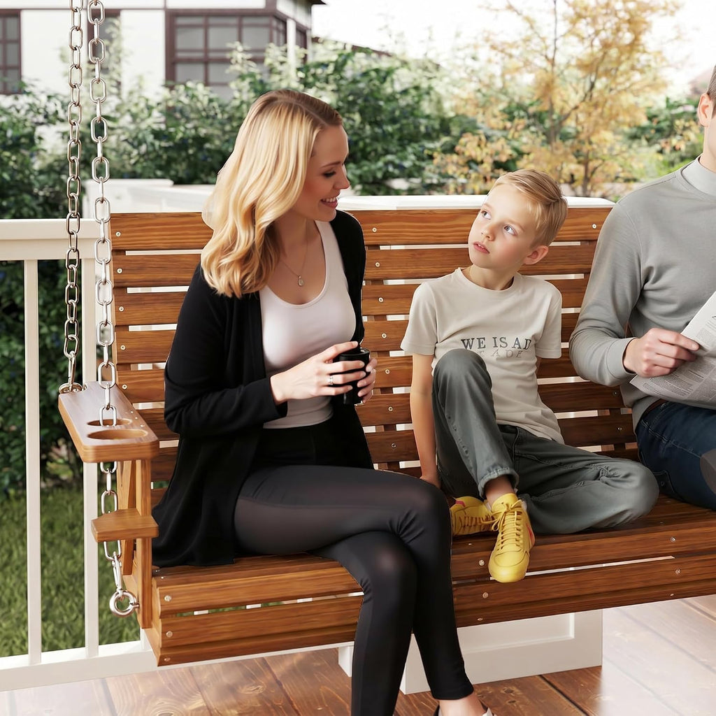 Upgraded Wooden Porch Swing 3-Seater, 5 FT Outdoor Patio Swing Bench with Cupholders, Hanging Chains, Swing Chair