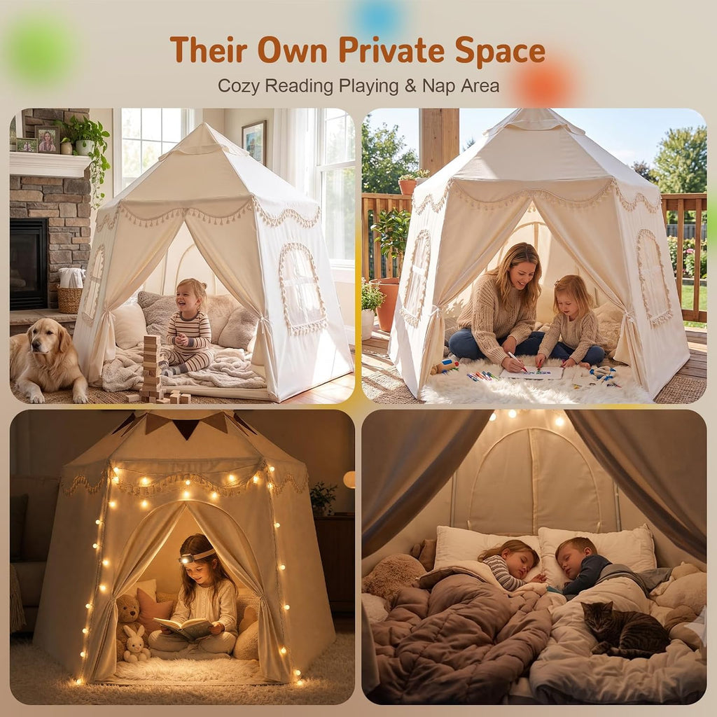 Extra Large Kids Play Tent Indoor 59x51in: Castle Tent with Mat Light Flags