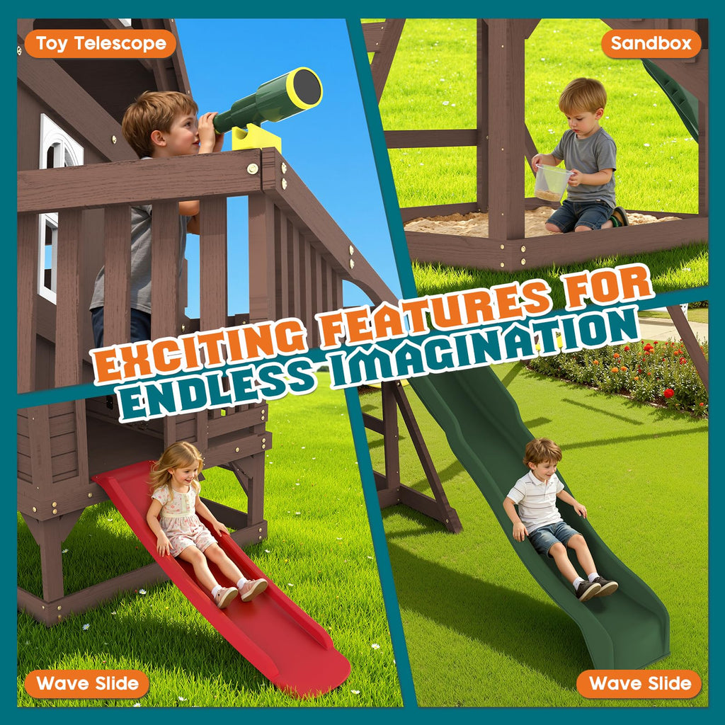 Wooden Swing Set for Kids with Double Towers