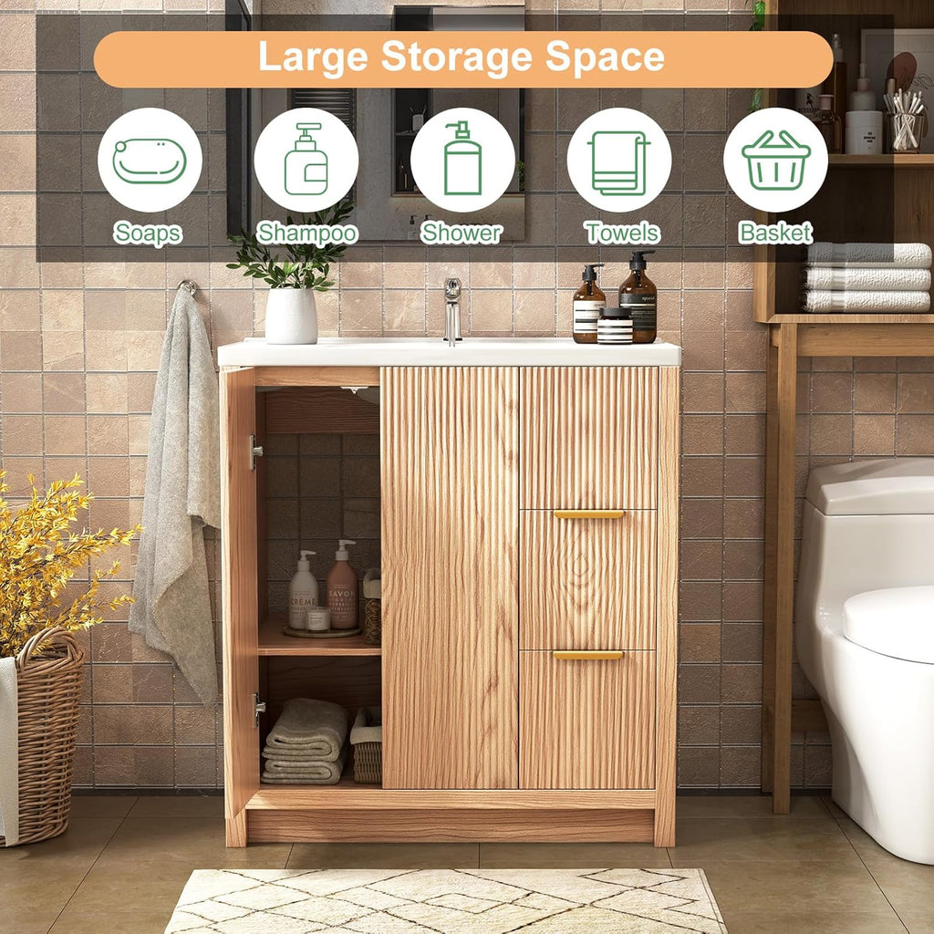 31.5-Inch Fluted Bathroom Vanity with Ceramic Sink – Modern Freestanding Cabinet with 2 Drawers, Natural Oak