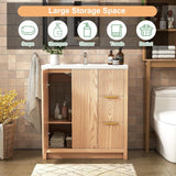 31.5-Inch Fluted Bathroom Vanity with Ceramic Sink – Modern Freestanding Cabinet with 2 Drawers, Natural Oak