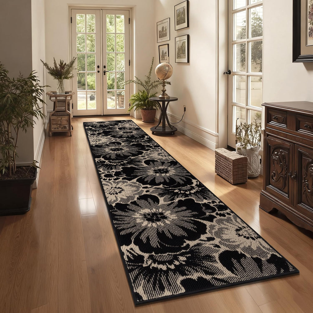 Hallway Runner Rug 2x10, Non Slip High-Low Textured Floral Washable Runner Rug with Rubber Backing, 