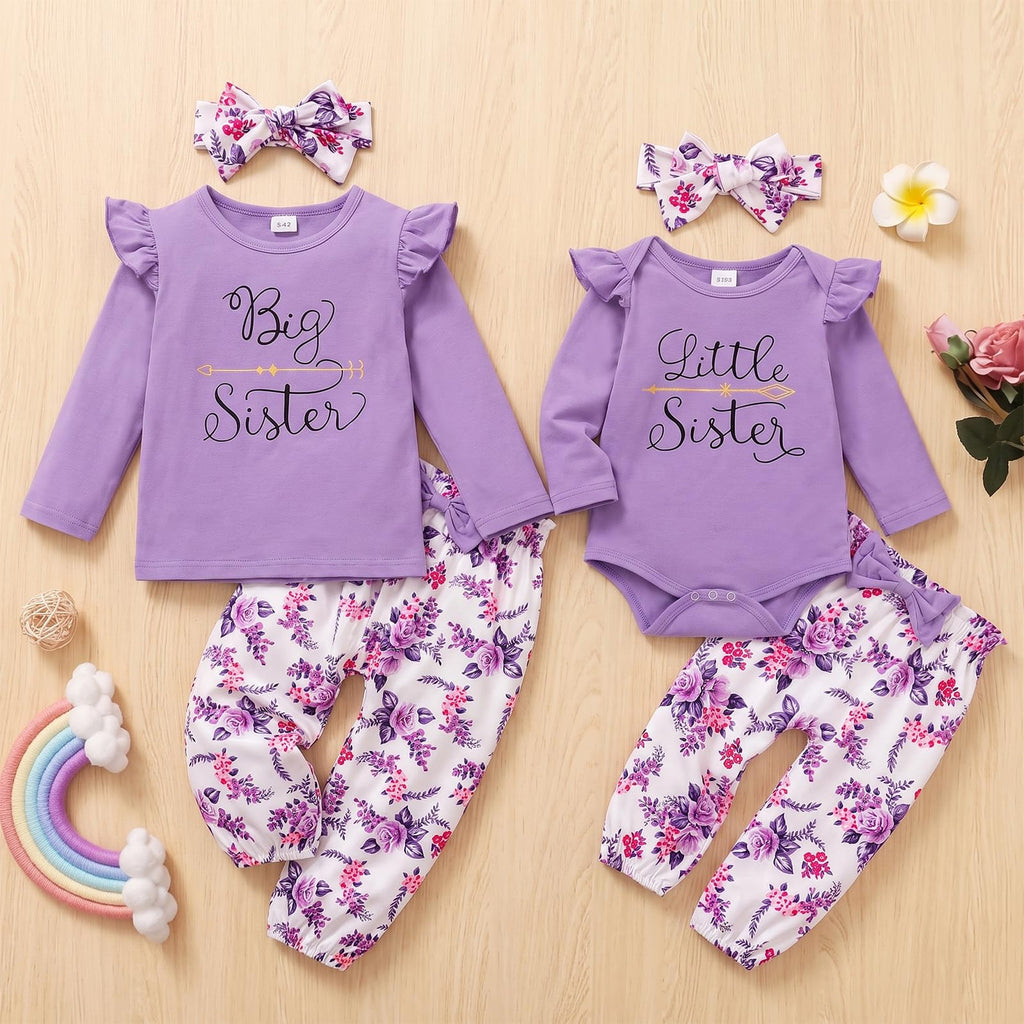 Big Sister Little Sister Matching Outfits Toddler Girl Clothes Newborn Baby Ruffle Romper Floral Pants Headband 3Pcs