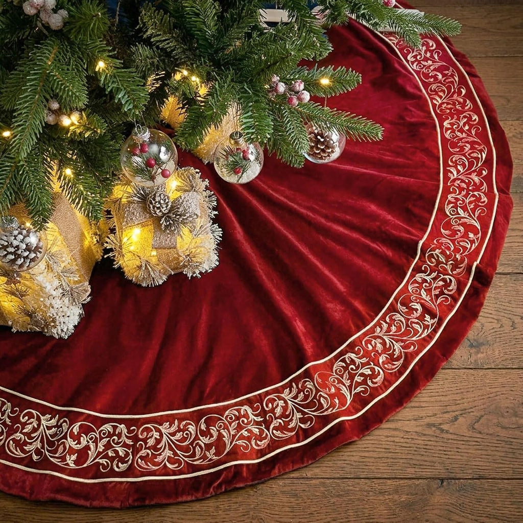 Christmas Tree Skirt 60 inch, Red Luxury Velvet Plush Faux Fur Extra Large Skirts with Golden Embroidered Vintage