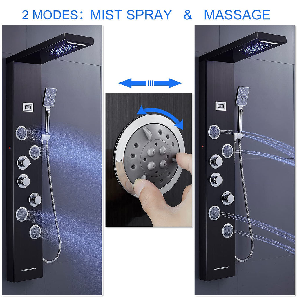 5-in-1 LED Shower Panel Tower System Stainless Steel Black