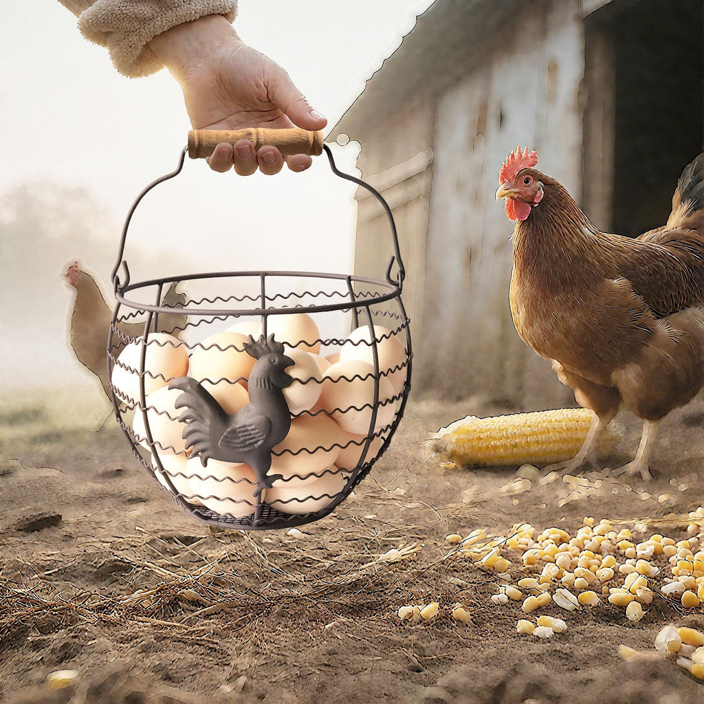 Wire Egg Basket for Gathering Fresh Eggs, Rustic with Rooster & Wood Handle