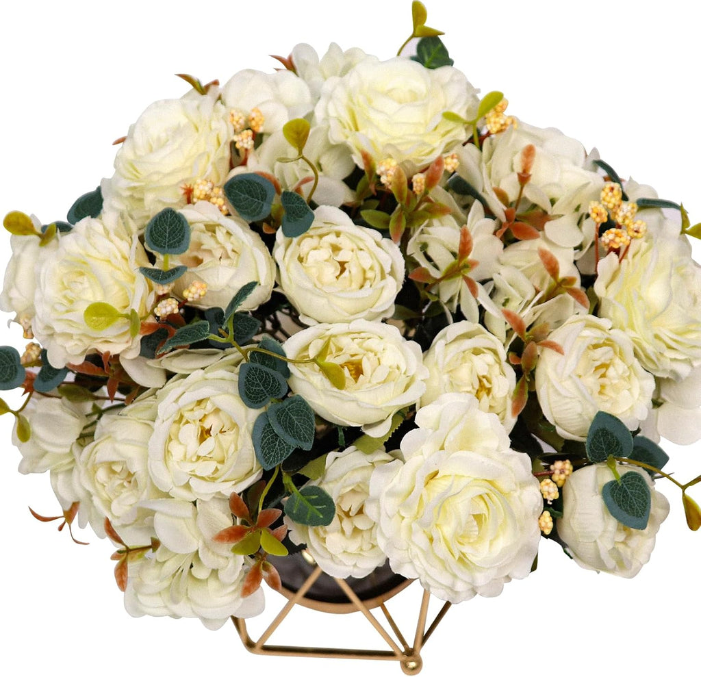 Faux Flowers with Vase, Silk Peony Bouquet Artificial Flowers in Vase, Fake Flowers Floral Arrangement Decor Indoor