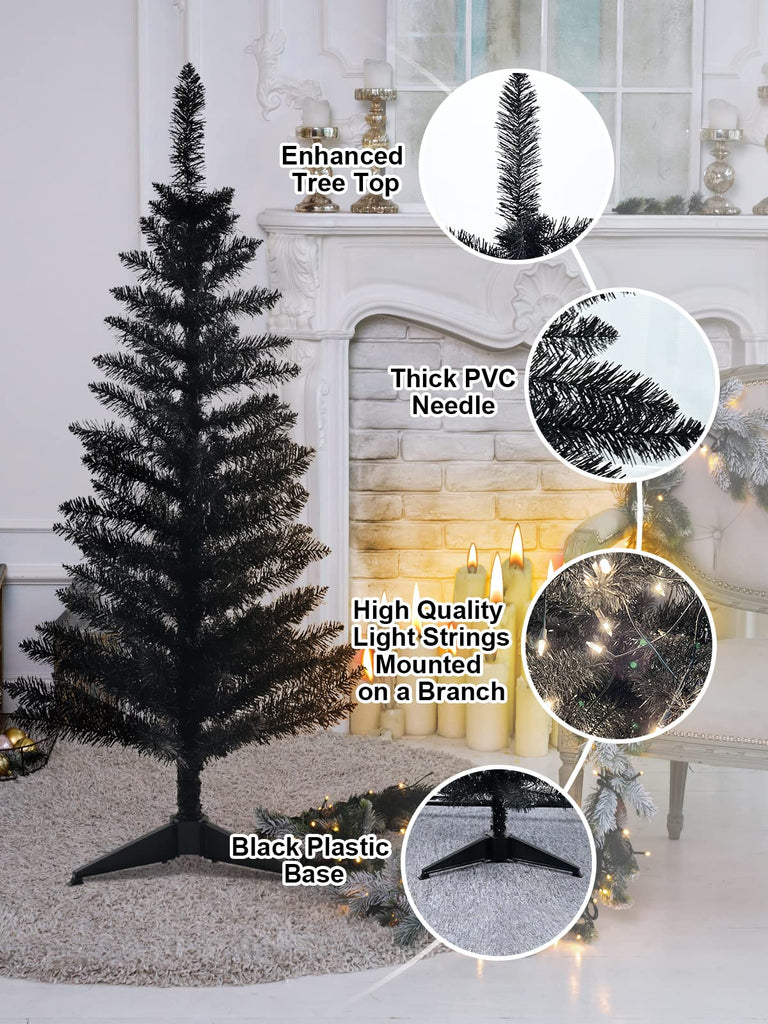 4ft Pre-Lit Black Christmas Tree, 122 Tips, 50 String Lights