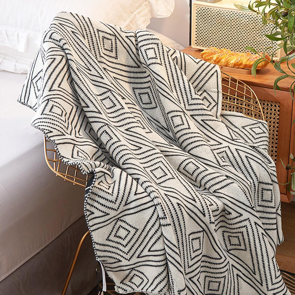 Black and White Throw Blankets Queen Size, Knitted Modern Patterned Throw Blanket, Soft Lightweight Woven Throw