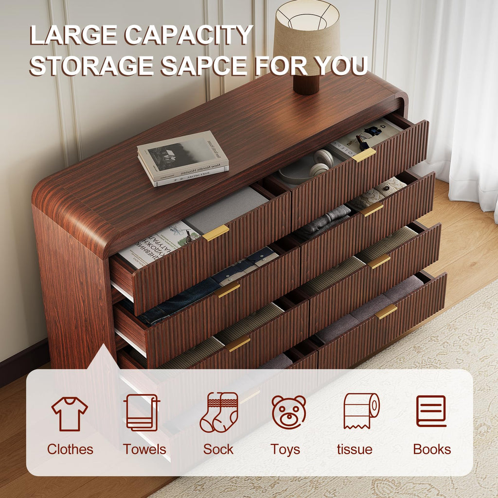 Fluted 8 Drawers Dresser Wooden, Dark Walnut
