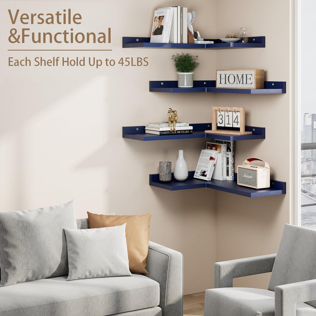 4 Tier Floating Shelves - Navy Blue Set of 4, Rustic Pine Wooden L Shaped Corner Wall Shelf for Wall Decor Storage