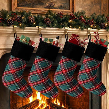 4 Pcs Tartan Plaid Christmas Stockings with Velvet Cuff 18", Green