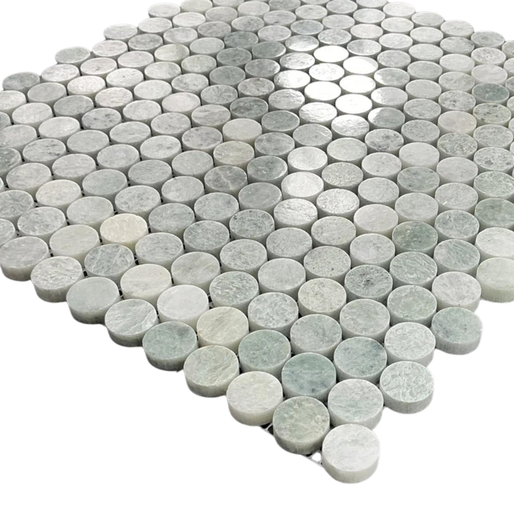Mint Pebble Penny Round Marble Mosaic Tile - Polished Green Natural Stone Circular Pattern Shower Floor Kitchen