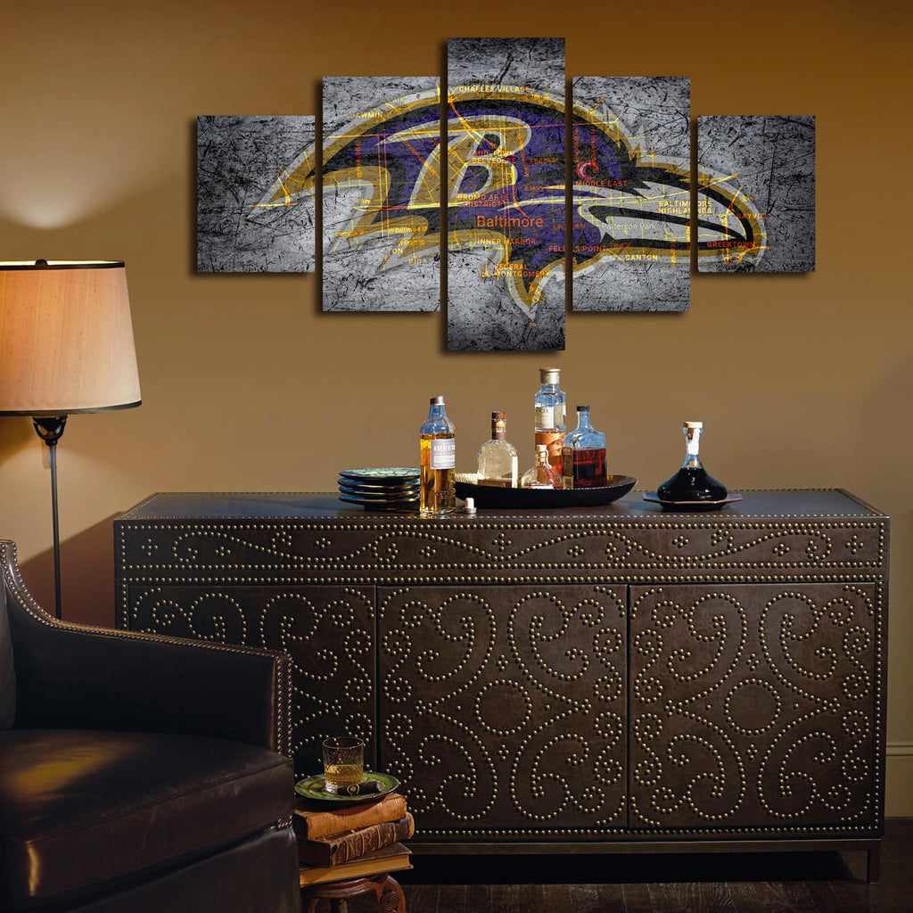 (100X175CM/5PCS) Framed Canvas Print Poster - Ravens emblem showing Baltimore city map - American football Wall Decor