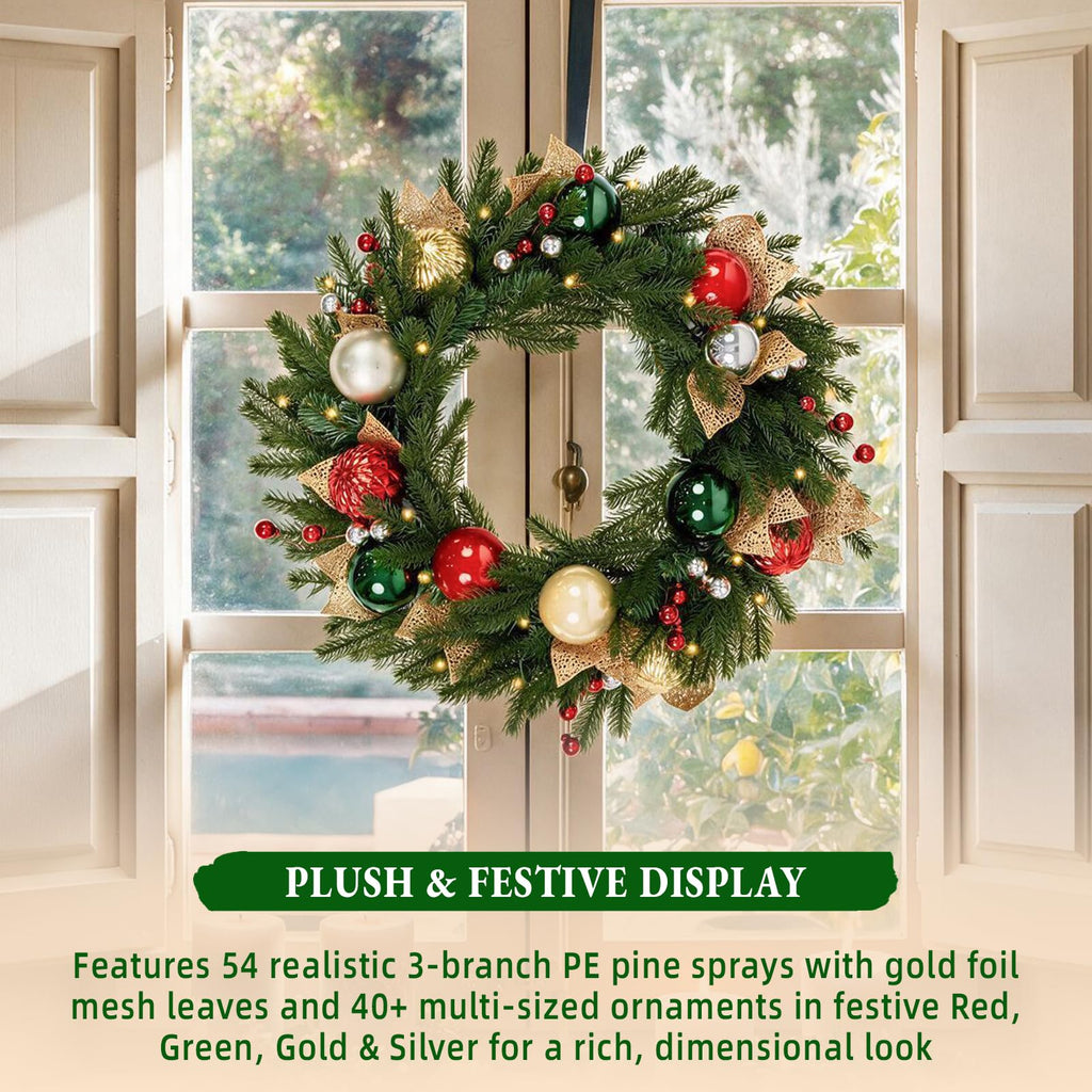 24 Inch Pre-Lit Christmas Wreath with 30 Warm White LED Lights and Timer, Battery Operated Artificial PE & PVC Wreath
